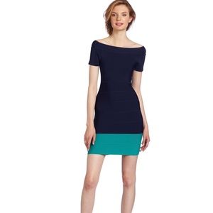 BCBG Max Azria bandage body con navy & teal dress